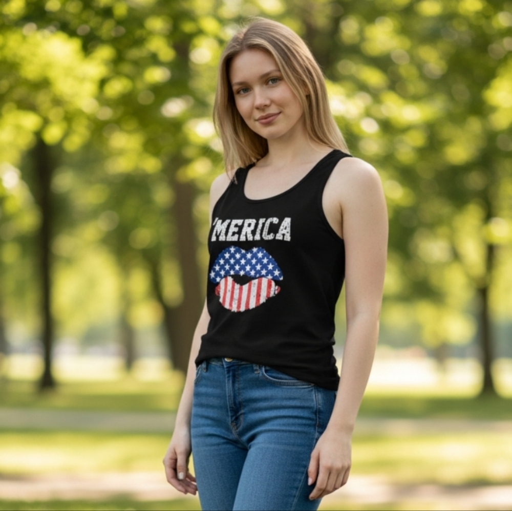 NWT Women’s Black Graphic Tank Top with Flag Lips